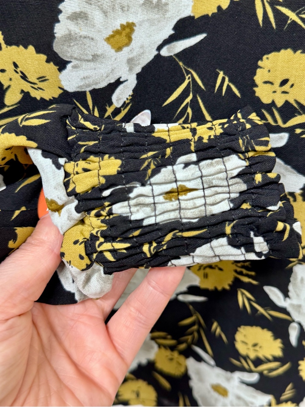 Hayden Los Angeles Floral Smocked High Neck Blouse Black Mustard Small - Picture 6 of 10